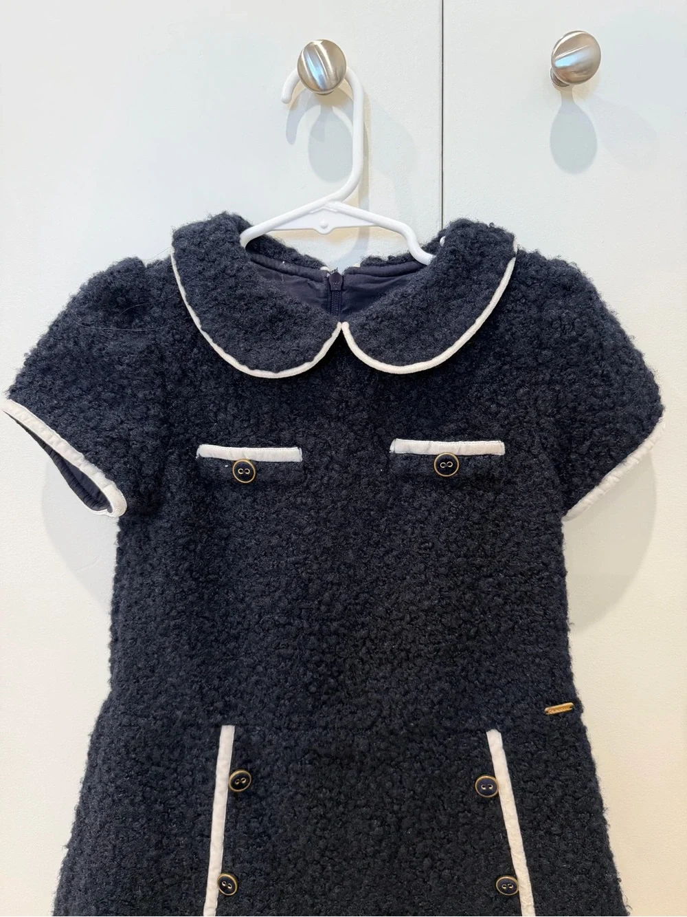 Patachou Girls' Black Bouclé Dress with White Trim